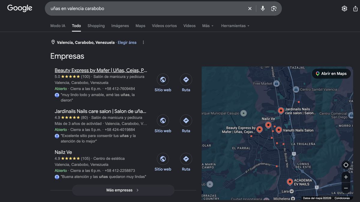 Búsqueda de Google donde Beauty Express by Mafer aparece en la posición 1: uñas en valencia carabobo