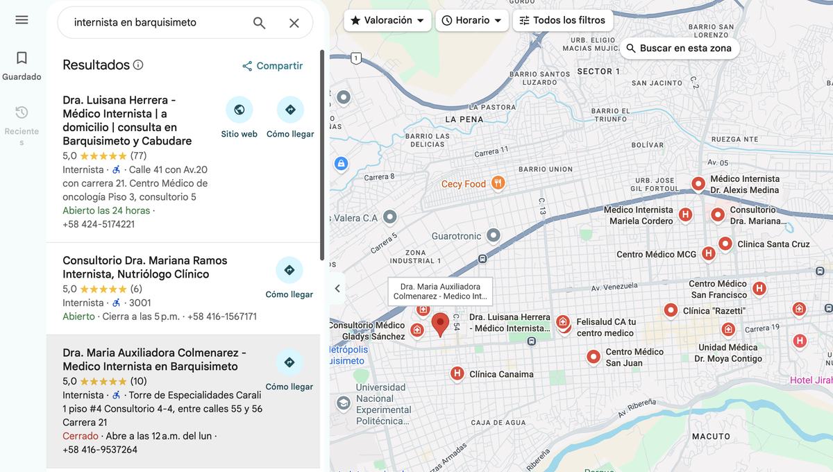 Búsqueda de Google donde Dra. María Auxiliadora Colmenarez aparece en la posición 3: internista en barquisimeto