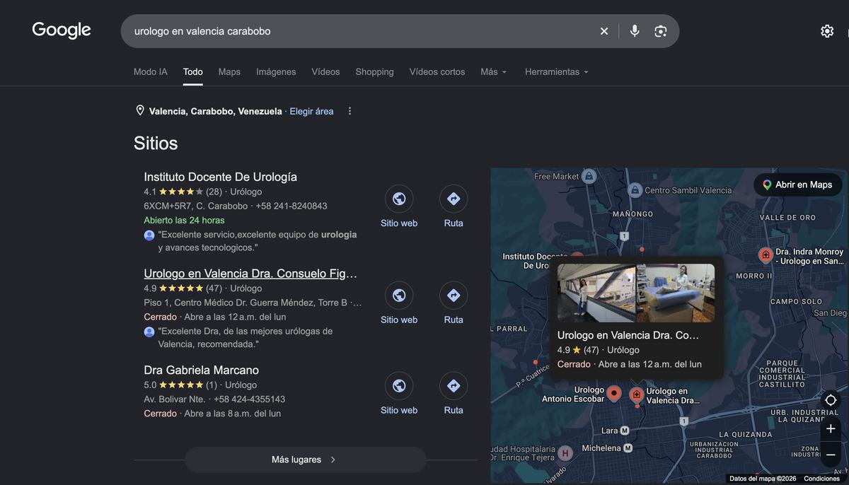 Búsqueda de Google donde Dra. Consuelo Figueredo aparece en la posición 2: urologo en valencia carabobo