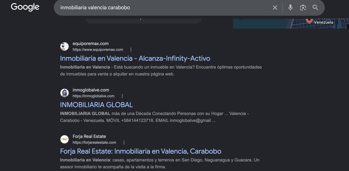Búsqueda de Google donde Forja Real Estate aparece en la posición 3: inmobiliaria valencia carabobo