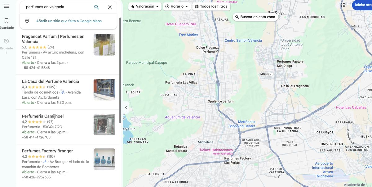 Búsqueda de Google donde Fragancet Parfum aparece en la posición 1: perfumes en valencia