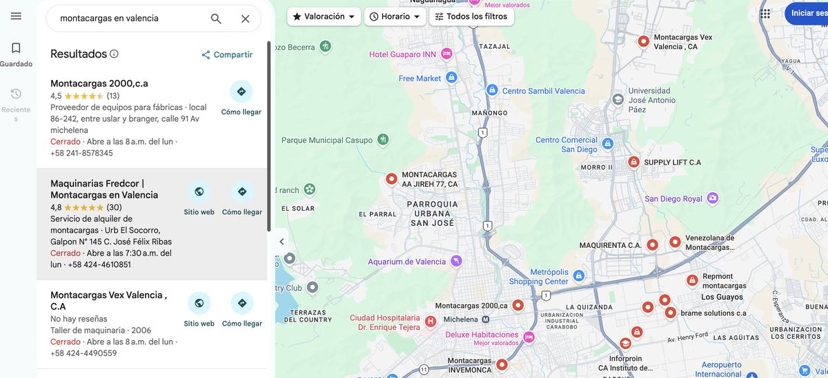 Búsqueda de Google donde Maquinarias Fredcor aparece en la posición 2: montacargas en valencia