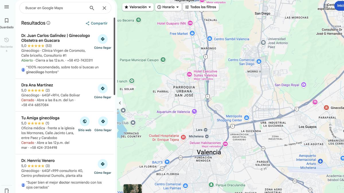 Búsqueda de Google donde Dr. Juan Carlos Galíndez aparece en la posición 1: Google Maps · Valencia, Carabobo