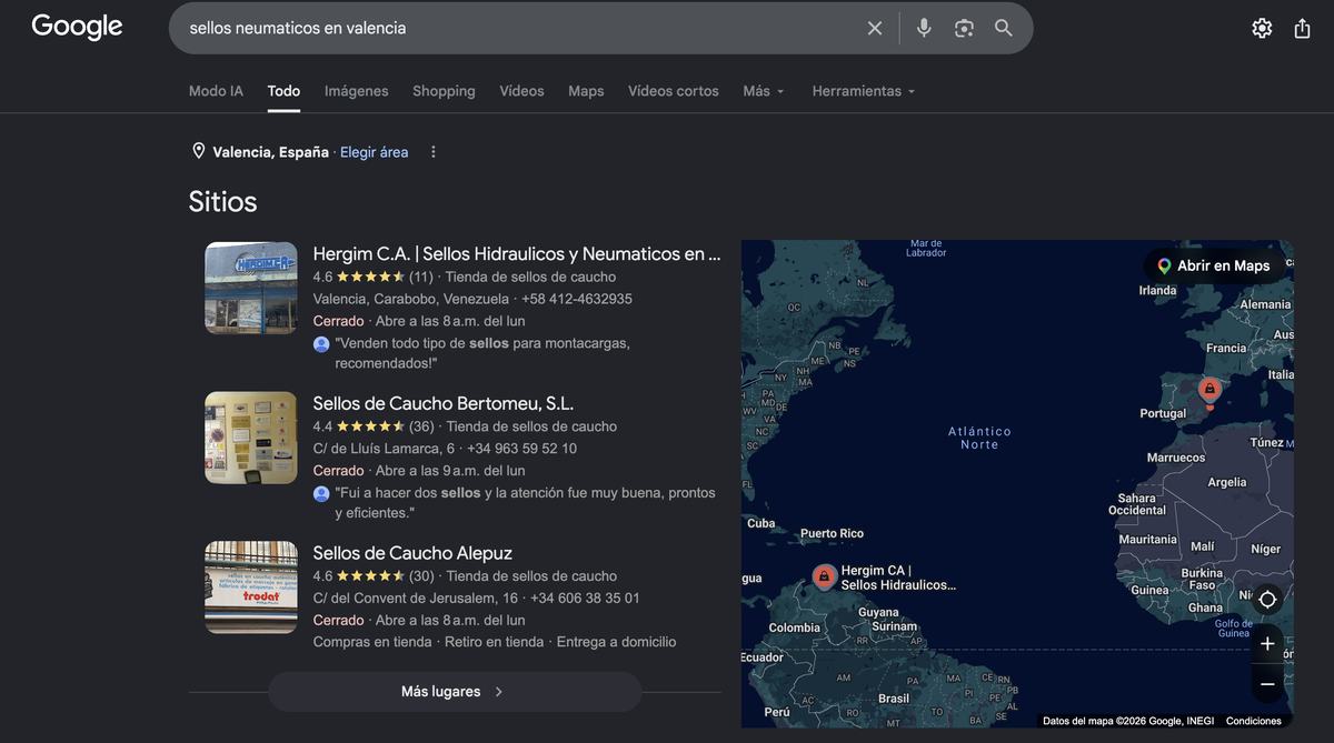 Búsqueda de Google donde Hergimca aparece en la posición 1: sellos neumaticos en valencia