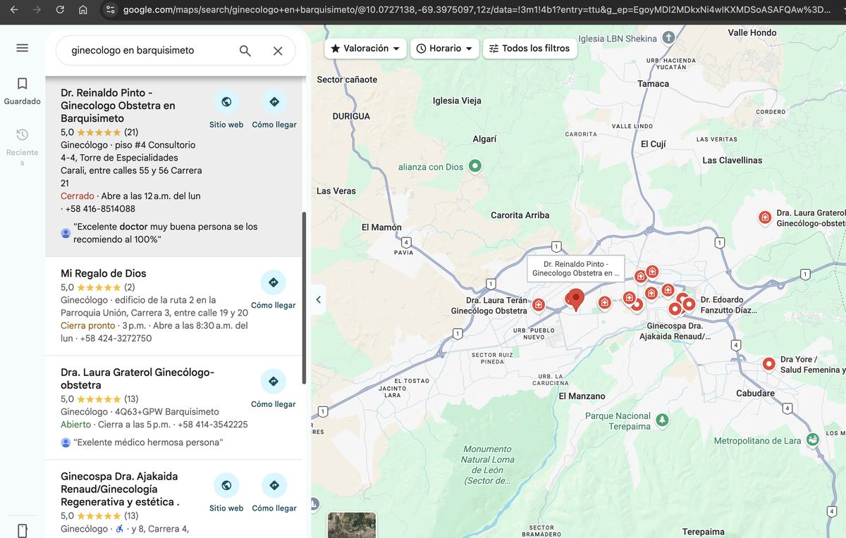Búsqueda de Google donde Dr. Reinaldo Pinto aparece en la posición 1: ginecologo en barquisimeto